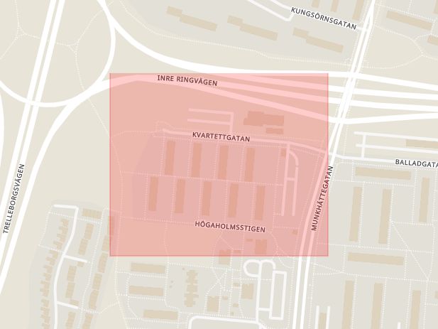 Karta som med röd fyrkant ramar in Fosie, Kvartettgatan, Malmö, Skåne län