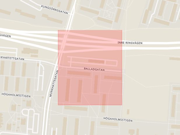 Karta som med röd fyrkant ramar in Balladgatan, Malmö, Skåne län