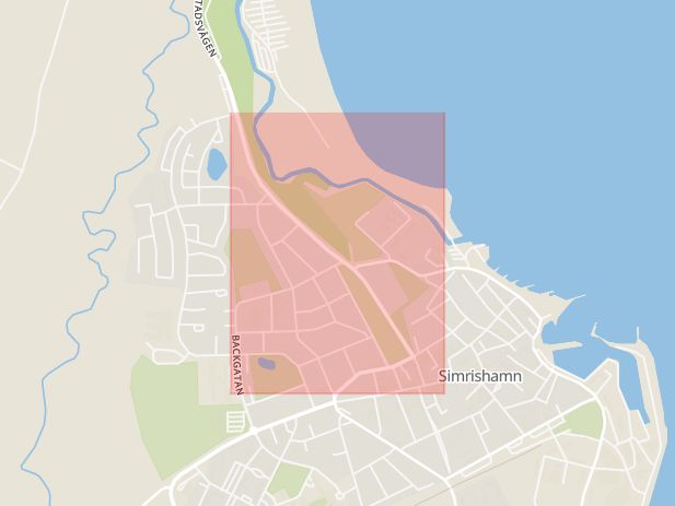 Karta som med röd fyrkant ramar in Kristianstadsvägen, Simrishamn, Skåne län