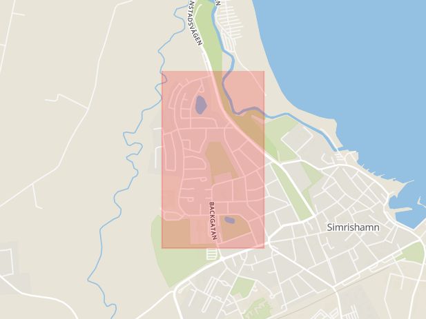 Karta som med röd fyrkant ramar in Fredsdalsgatan, Kristianstadsgatan, Kristianstadsvägen, Simrishamn, Skåne län