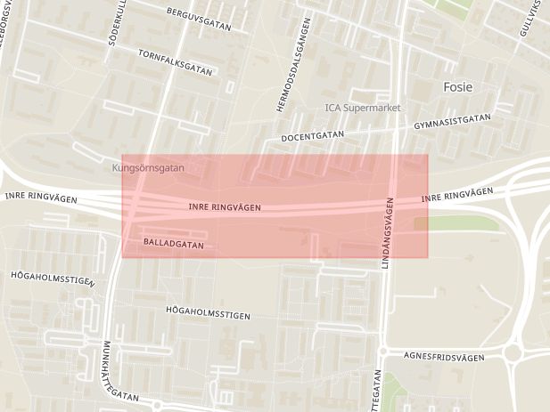 Karta som med röd fyrkant ramar in Inre Ringvägen, Trafikplats Söderkulla, Malmö, Skåne län
