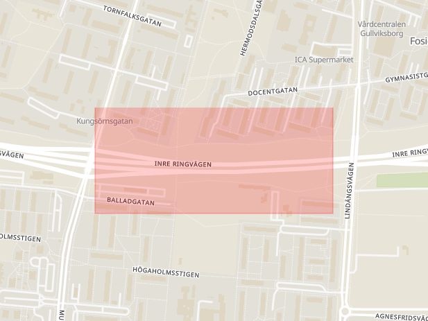 Karta som med röd fyrkant ramar in Inre Ringvägen, Fosie, Söderkulla, Malmö, Skåne län