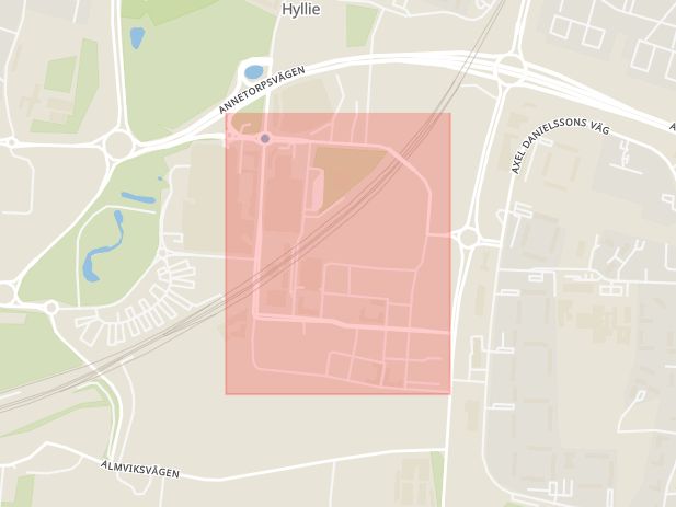 Karta som med röd fyrkant ramar in Södra Malmö, Hyllie, Hyllie Vattenparksgata, Malmö, Skåne län