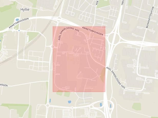Karta som med röd fyrkant ramar in Lindeborg, Axel Danielssons Väg, Malmö, Skåne län