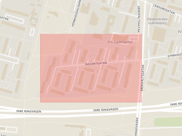 Karta som med röd fyrkant ramar in Docentgatan, Fosie, Malmö, Skåne län