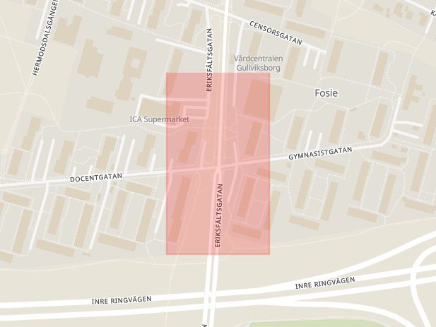 Karta som med röd fyrkant ramar in Hermodsdal, Eriksfältsgatan, Malmö, Skåne län