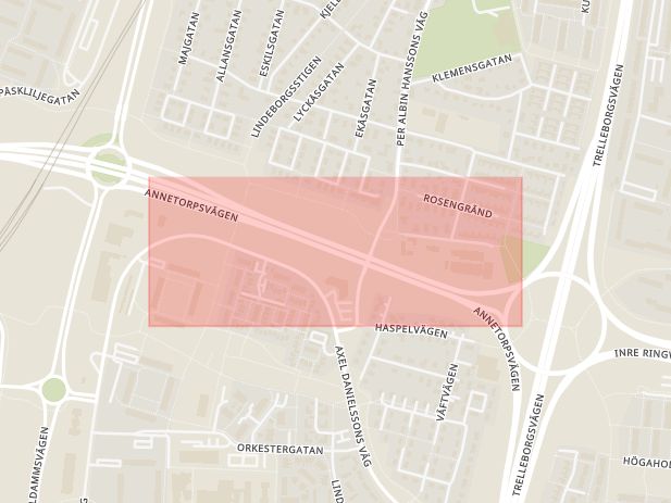 Karta som med röd fyrkant ramar in Inre Ringvägen, Trafikplats Lindeborg, Malmö, Skåne län