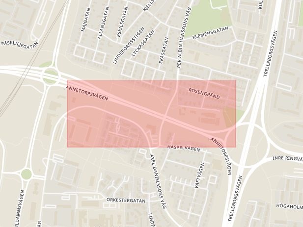 Karta som med röd fyrkant ramar in Inre Ringvägen, Lindeborg, Malmö, Skåne län