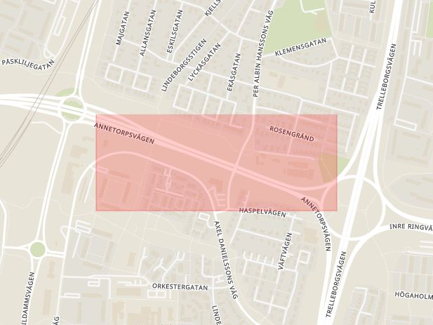Karta som med röd fyrkant ramar in Inre Ringvägen, Trafikplats Lindeborg, Malmö, Skåne län