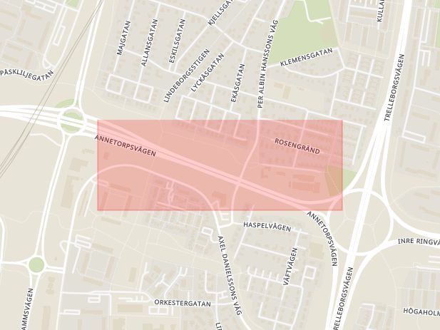Karta som med röd fyrkant ramar in Inre Ringvägen, Hyllie, Söderkulla, Malmö, Skåne län