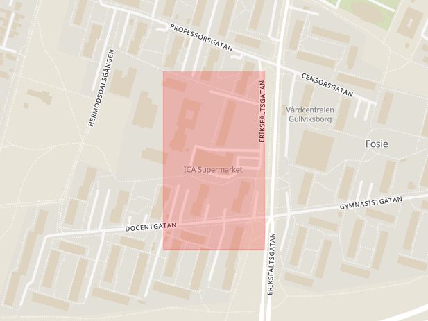 Karta som med röd fyrkant ramar in Hermodsdal, Docentgatan, Hermodsdalstorget, Malmö, Skåne län