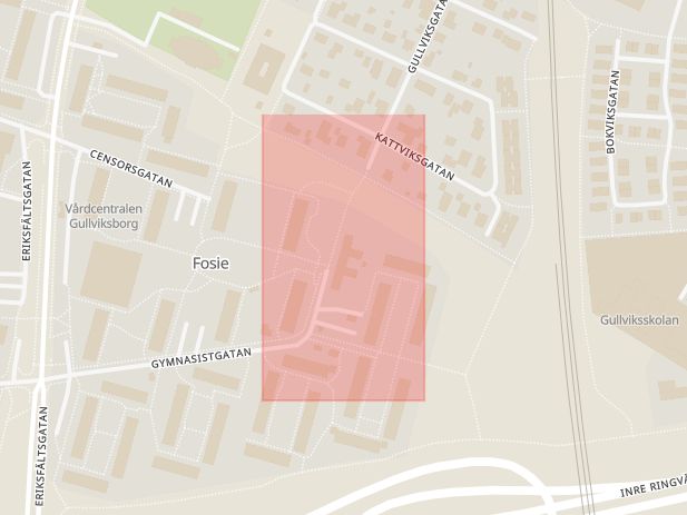 Karta som med röd fyrkant ramar in Gullviksborg, Gymnasistgatan, Malmö, Skåne län
