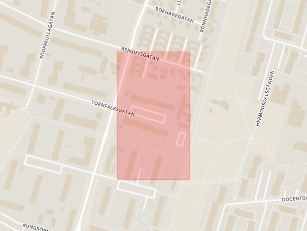 Karta som med röd fyrkant ramar in Tornfalksgatan, Söderkulla, Malmö, Skåne län
