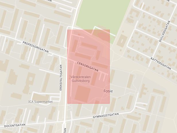 Karta som med röd fyrkant ramar in Censorsgatan, Malmö, Skåne län