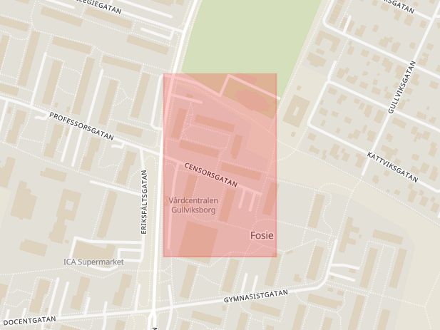 Karta som med röd fyrkant ramar in Censorsgatan, Malmö, Skåne län