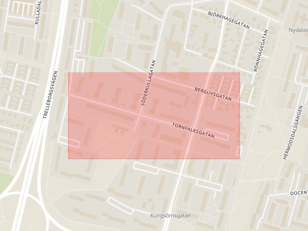 Karta som med röd fyrkant ramar in Tornfalksgatan, Malmö, Skåne län