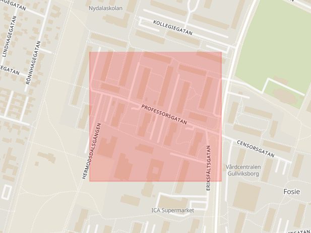 Karta som med röd fyrkant ramar in Professorsgatan, Tempo, Malmö, Skåne län