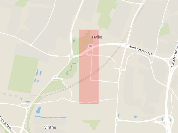 Karta som med röd fyrkant ramar in Hyllie, Hyllie Boulevard, Malmö, Skåne län