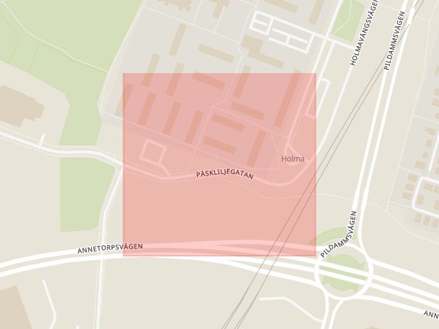 Karta som med röd fyrkant ramar in Påskliljegatan, Malmö, Skåne län