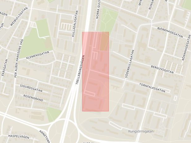 Karta som med röd fyrkant ramar in Södra Gulsparvsgatan, Malmö, Skåne län
