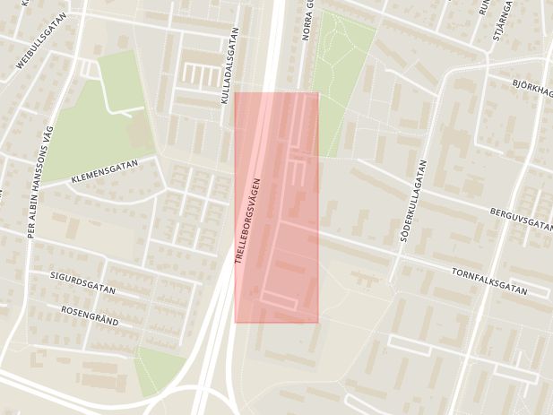 Karta som med röd fyrkant ramar in Södra Gulsparvsgatan, Region Skåne, Norrbäcksgatan, Malmö, Skåne län