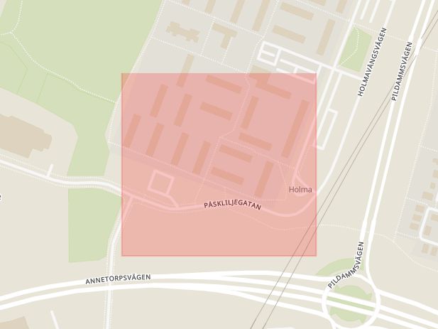 Karta som med röd fyrkant ramar in Påskliljegatan, Malmö, Skåne län