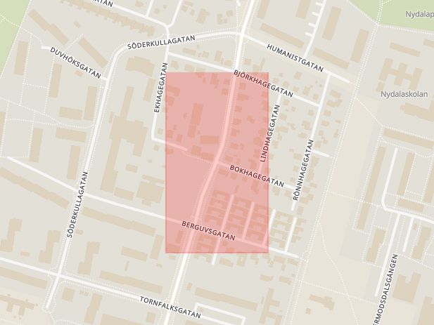 Karta som med röd fyrkant ramar in Munkhättegatan, Bokhagegatan, Berguvsgatan, Malmö, Skåne län