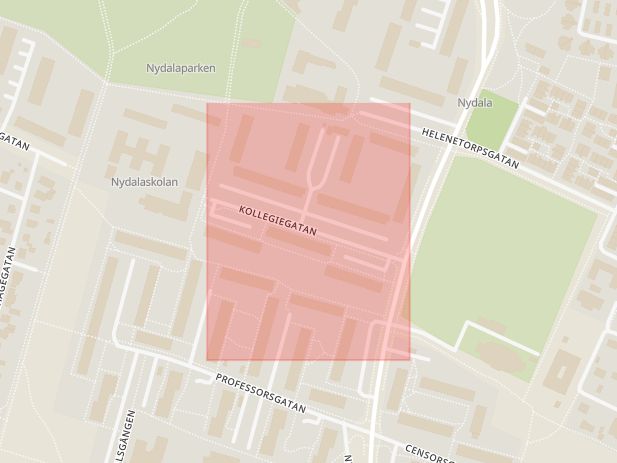 Karta som med röd fyrkant ramar in Nydala, Kollegiegatan, Malmö, Skåne län