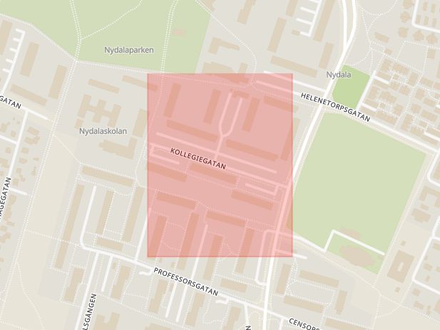Karta som visar ungefär var händelsen Skadegörelse: Brand vid lekplats, Kollegiegatan. inträffat