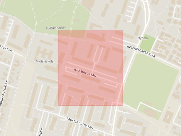 Karta som med röd fyrkant ramar in Kollegiegatan, Sofielundsvägen, Hallinggatan, Trelleborg, Malmö, Skåne län