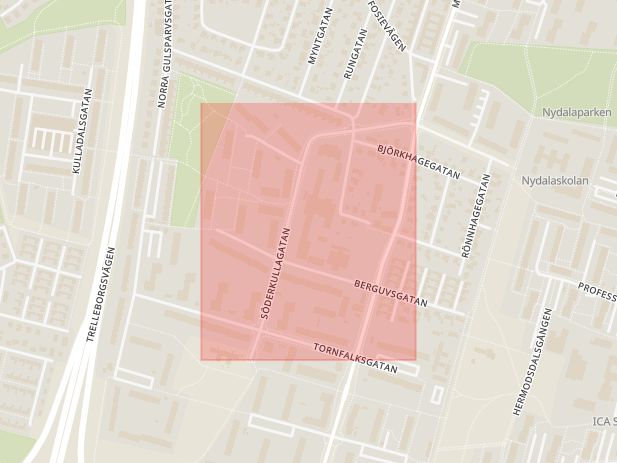Karta som med röd fyrkant ramar in Söderkullagatan, Malmö, Skåne län