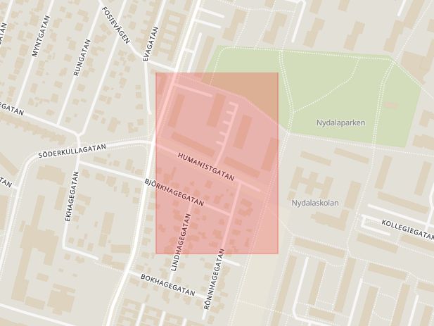 Karta som med röd fyrkant ramar in Humanistgatan, Malmö, Skåne län
