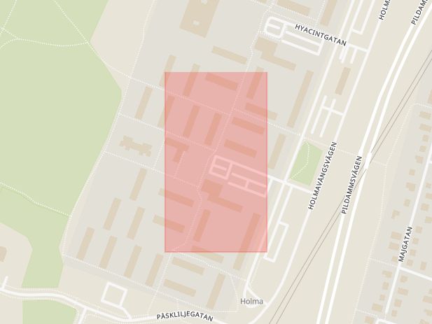 Karta som med röd fyrkant ramar in Holma, Snödroppsgatan, Malmö, Skåne län
