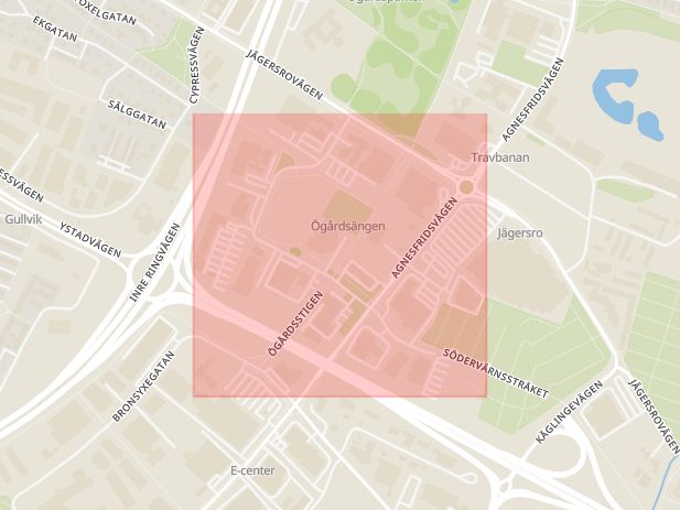 Karta som med röd fyrkant ramar in Jägershillgatan, Malmö, Skåne län