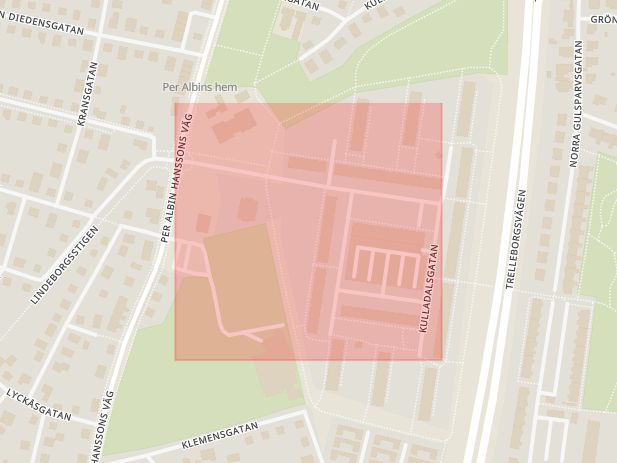 Karta som med röd fyrkant ramar in Kulladalsgatan, Malmö, Skåne län