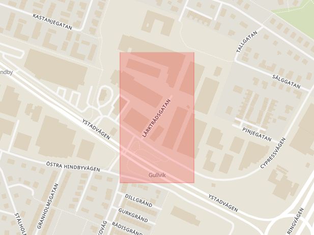 Karta som med röd fyrkant ramar in Lärkträdsgatan, Malmö, Skåne län