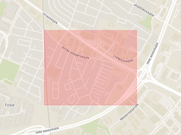 Karta som med röd fyrkant ramar in Fosie, Östra Hindbyvägen, Malmö, Skåne län