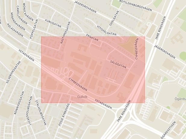 Karta som med röd fyrkant ramar in Cypressvägen, Malmö, Skåne län
