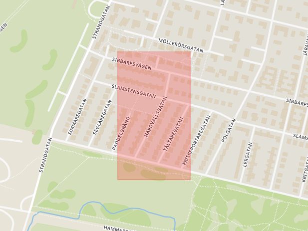 Karta som med röd fyrkant ramar in Hårdvallsgatan, Malmö, Skåne län