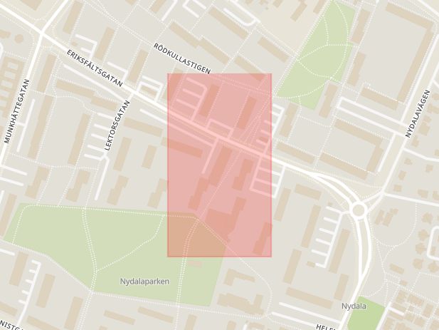 Karta som med röd fyrkant ramar in Nydala, Eriksfältsgatan, Nydalatorget, Malmö, Skåne län