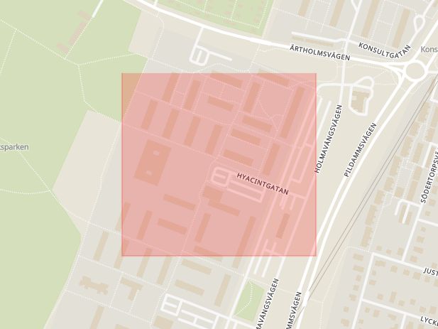 Karta som med röd fyrkant ramar in Hyacintgatan, Malmö, Skåne län