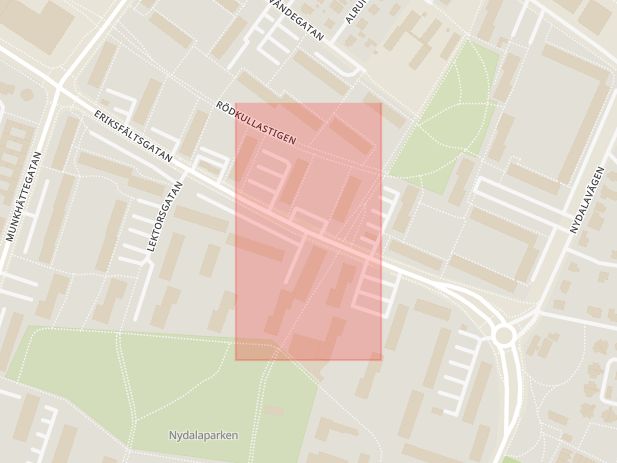 Karta som med röd fyrkant ramar in Nydala, Eriksfältsgatan, Adjunktsgatan, Malmö, Skåne län