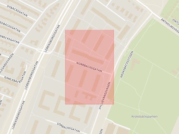 Karta som med röd fyrkant ramar in Norrbäcksgatan, Malmö, Skåne län