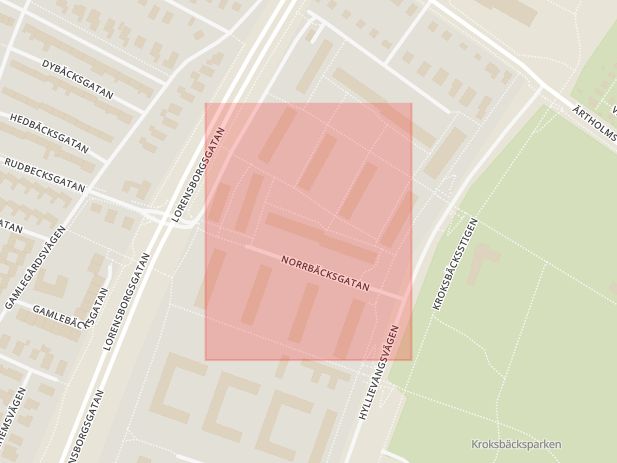 Karta som med röd fyrkant ramar in Norrbäcksgatan, Hornsgatan, Amiralsgatan, Malmö, Skåne län