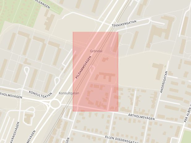 Karta som med röd fyrkant ramar in Holma, Konsultgatan, Södertorpsvägen, Malmö, Skåne län