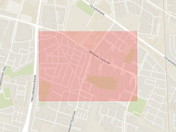 Karta som med röd fyrkant ramar in Eriksfält, Eriksfältsgatan, Malmö, Skåne län