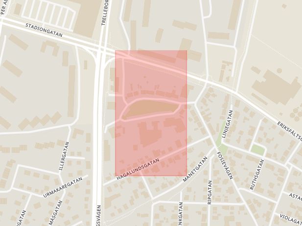 Karta som med röd fyrkant ramar in Eriksfält, Jöns Risbergsgatan, Malmö, Skåne län