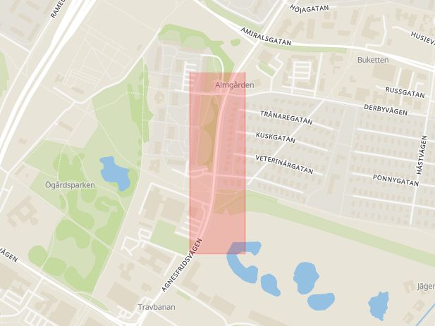 Karta som med röd fyrkant ramar in Almgården, Agnesfridsvägen, Malmö, Skåne län