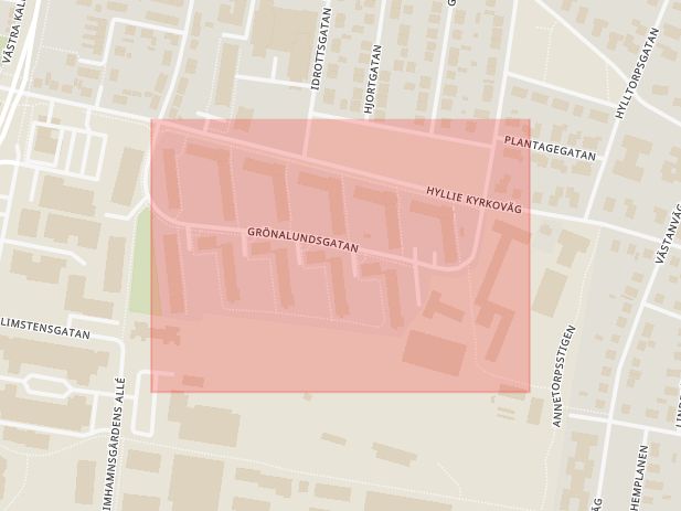 Karta som med röd fyrkant ramar in Grönalundsgatan, Limhamn, Malmö, Skåne län