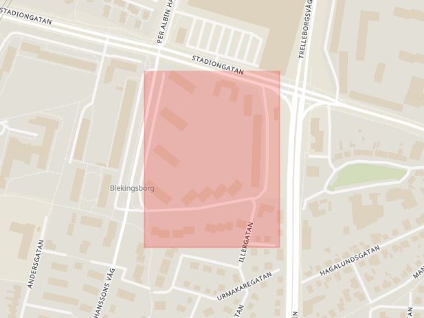Karta som med röd fyrkant ramar in Blekingsborgsgatan, Malmö, Skåne län